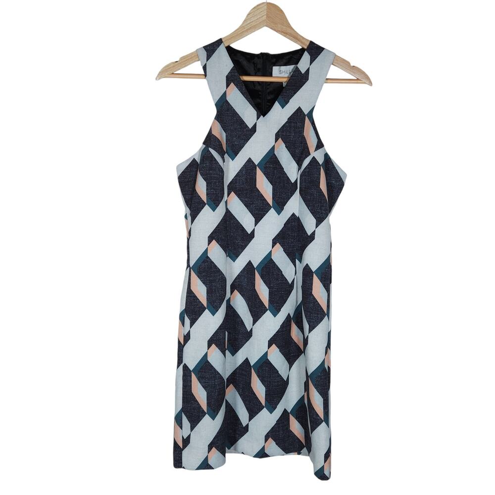 Shilla Womens Dress Small Black White Geometric Sleeveless Halter V Neck Mini